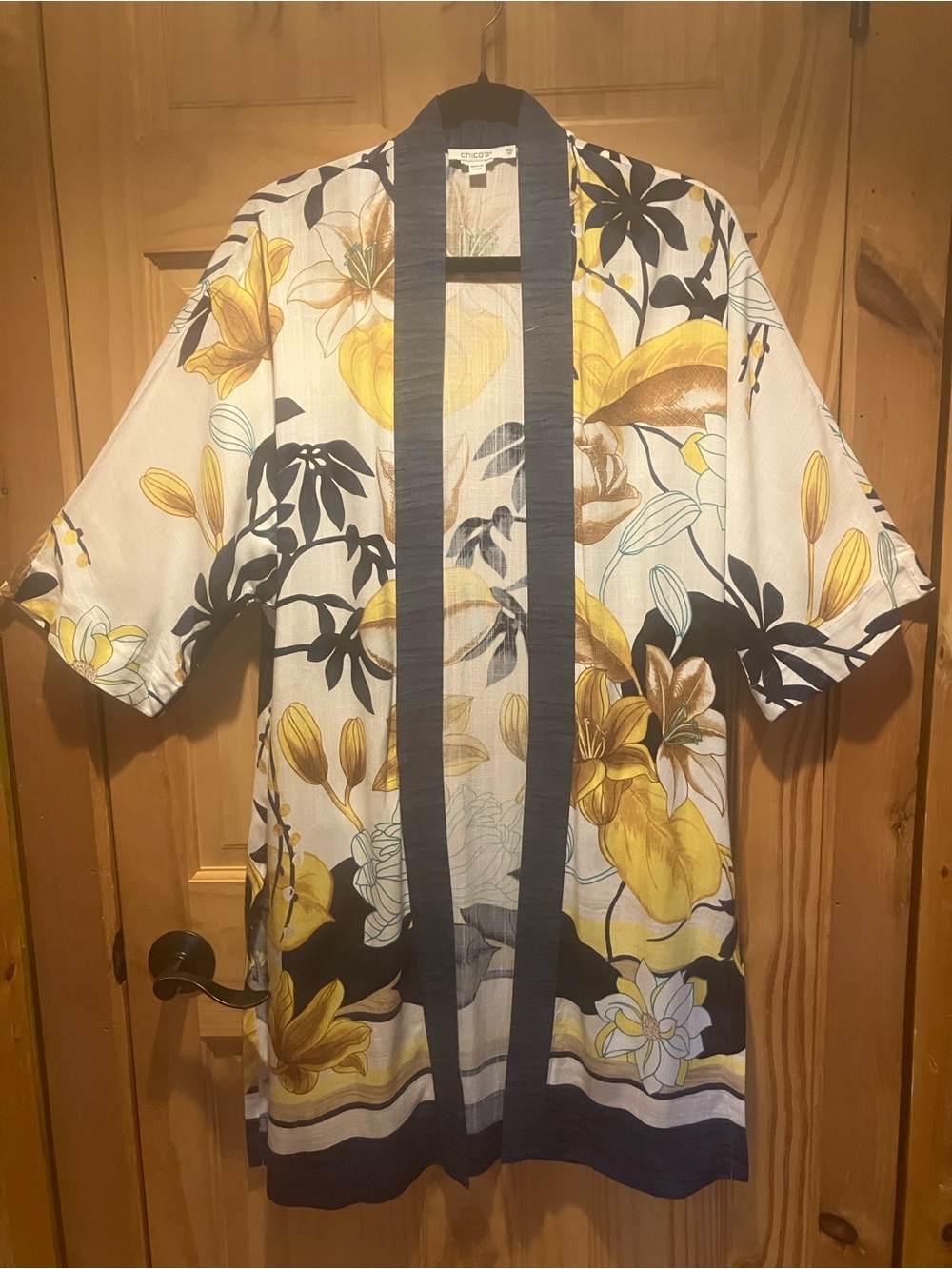 Chico's Navy Trim Floral White Kimono with Yellow Accents